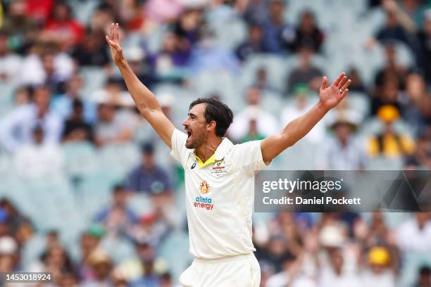 Mitchell Starc of Australia appeals to the umpire during day four of the Second Test match in the series between Australia and South Africa at...