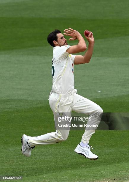 Mitchell Starc of Australia bowls during day four of the Second Test match in the series between Australia and South Africa at Melbourne Cricket...