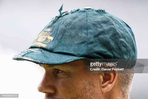 Detail of the baggy green cap of David Warner of Australia is seen at the conclusion of day four of the Second Test match in the series between...