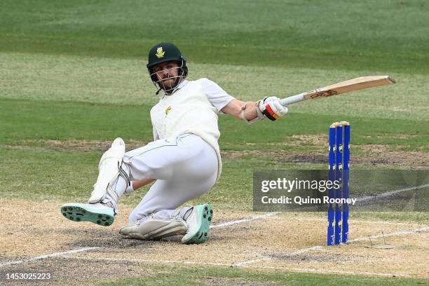 Anrich Nortje of South Africa bats during day four of the Second Test match in the series between Australia and South Africa at Melbourne Cricket...