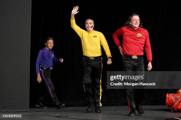 Jeff Fatt, Greg Page and Murray Cook of The Wiggles enter the stage during Falls Festival Melbourne at Sidney Myer Music Bowl on December 29, 2022 in...