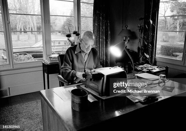 English writer Sir Pelham Grenville Wodehouse, KBE, aka P. G. Wodehouse, at work in Remsenburg, New York State, 14th December 1974. The great...