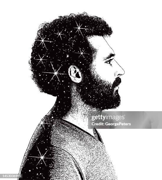 portrait of man with night sky and stars - depressed person living alone drawing stock illustrations