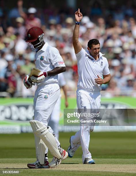 Tim Bresnan of England celebrates dismissing Darren Sammy of the West Indies during day two of the second Test match between England and the West...