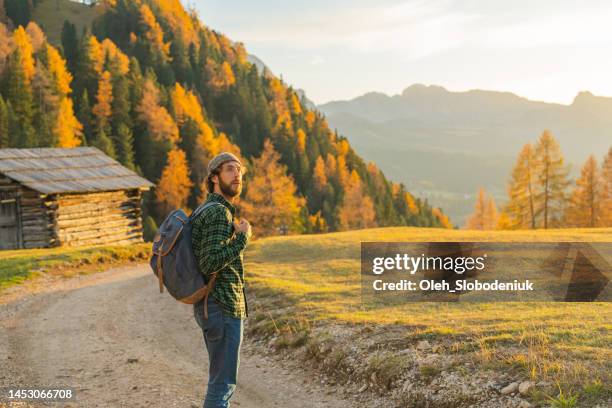 man hiking in dolomites in autumn - famous swiss people stock pictures, royalty-free photos & images