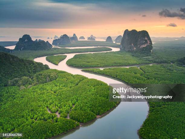 beautiful landscape phangnga bay, unseen view of phangnga, phuket,thailand. - boat top view stock-fotos und bilder