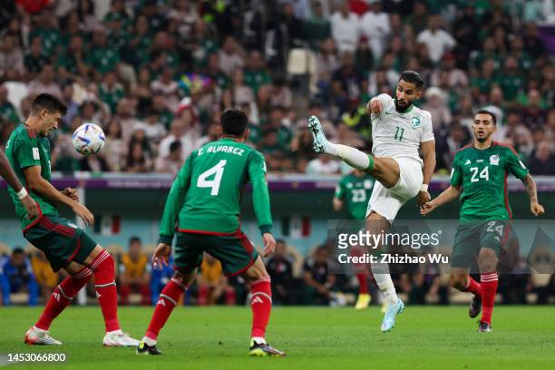 Saleh Alshehri of Saudi Arabia shots during the FIFA World Cup Qatar 2022 Group C match between Saudi Arabia and Mexico at Lusail Stadium on November...