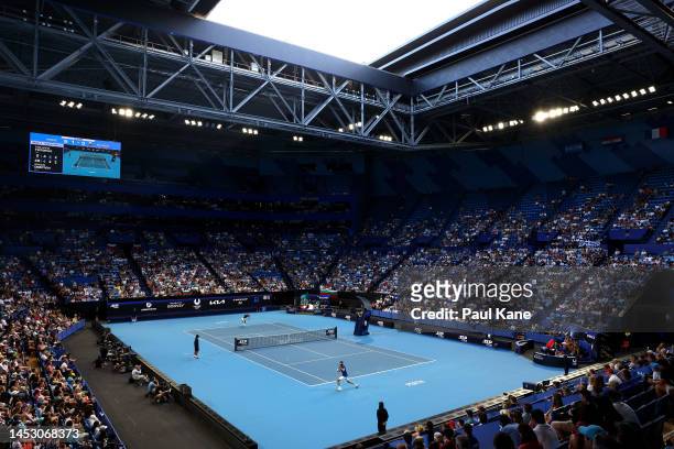 General view of play as Grigor Dimitrov of Bulgaria serves to Stefanos Tsitsipas of Greece during day one of the 2023 United Cup at RAC Arena on...
