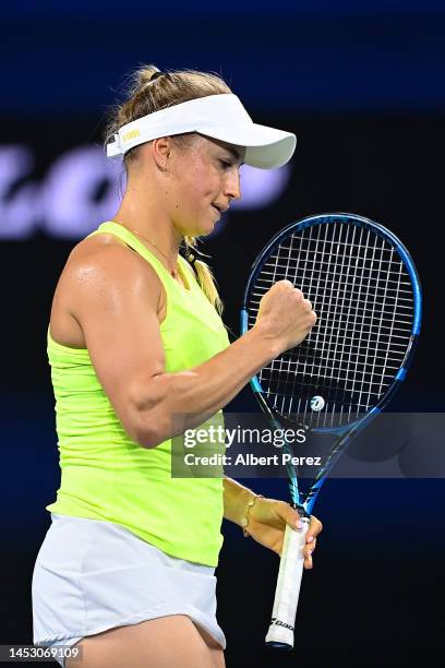 Yulia Putintseva of Kazakhstan celebrates a point in her Group B match against Belinda Bencic of Switzerland during day one of the 2023 United Cup at...