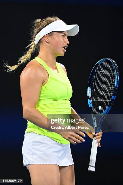 Yulia Putintseva of Kazakhstan reacts in her Group B match against Belinda Bencic of Switzerland during day one of the 2023 United Cup at Pat Rafter...