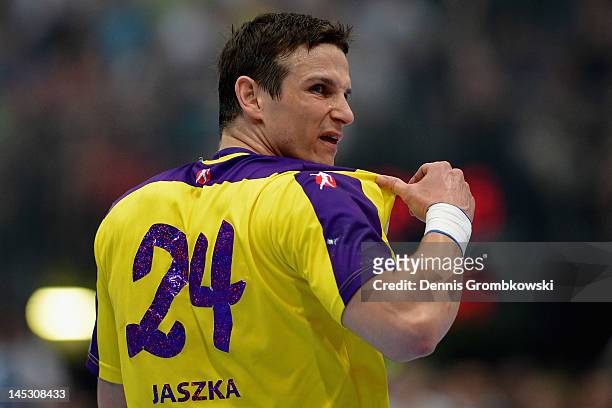 Bartlomiej Jaszka of Berlin reacts during the EHF Final Four semi final match between Fuechse Berlin and THW Kiel at Lanxess Arena on May 26, 2012 in...
