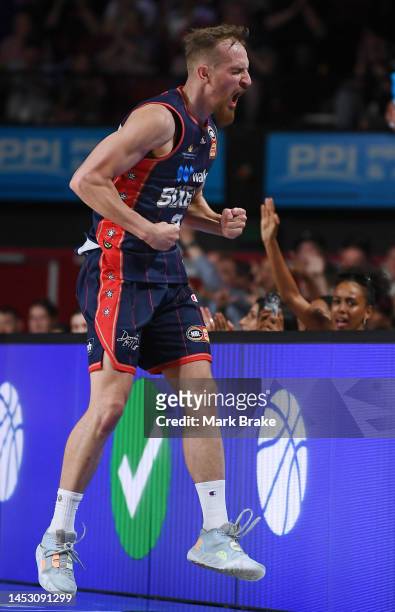 Anthony Drmic of the 36ers celebrates scoring a three pointer during the round 13 NBL match between Adelaide 36ers and Brisbane Bullets at Adelaide...