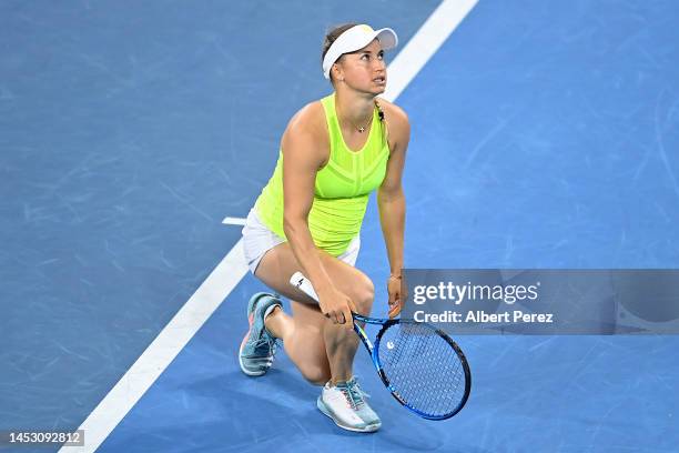 Yulia Putintseva of Kazakhstan reacts in her Group B match against Belinda Bencic of Switzerland during day one of the 2023 United Cup at Pat Rafter...