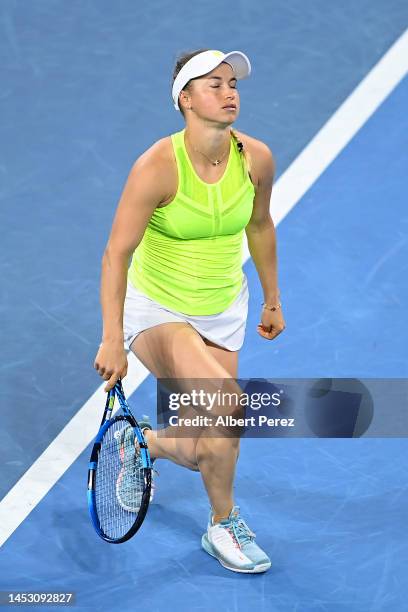 Yulia Putintseva of Kazakhstan reacts in her Group B match against Belinda Bencic of Switzerland during day one of the 2023 United Cup at Pat Rafter...