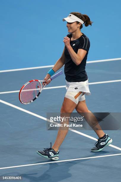 Alize Cornet of France celebrates winning her match against Maria Carle of Argentina during day one of the 2023 United Cup at RAC Arena on December...