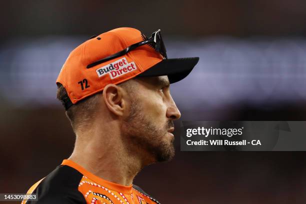 Faf du Plessis of the Scorchers looks on during the Men's Big Bash League match between the Perth Scorchers and the Melbourne Stars at Optus Stadium,...