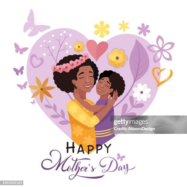 stockillustraties, clipart, cartoons en iconen met happy mother's day. mom hugs her daughter. mom's love. african american mother and daughter moments. - kids hugging mom cartoon