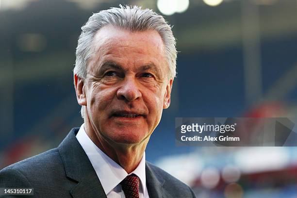 Head coach Ottmar Hitzfeld of Switzerland looks on prior to the international friendly match between Switzerland and Germany at St. Jakob-Park on May...