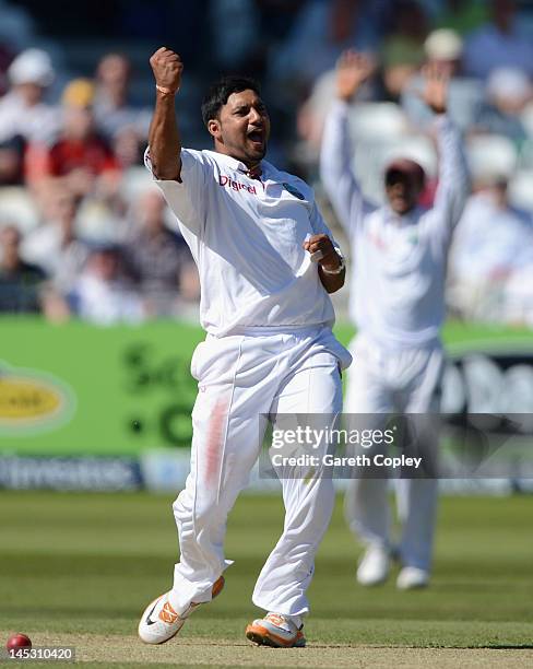 Ravi Rampaul of the West Indies celebrates dismissing Jonathan Trott of England during day two of the second Test match between England and the West...