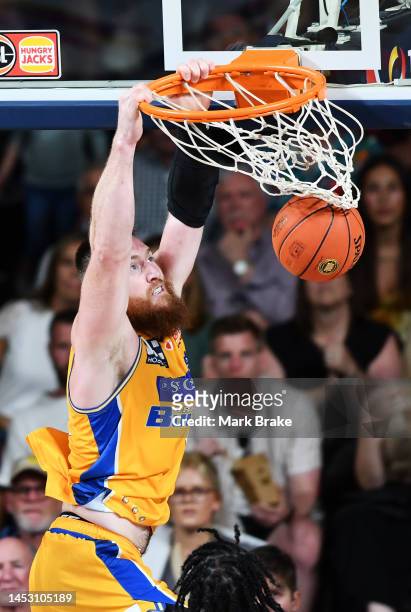 Aron Baynes of the Bullets slam dunks during the round 13 NBL match between Adelaide 36ers and Brisbane Bullets at Adelaide Entertainment Centre, on...