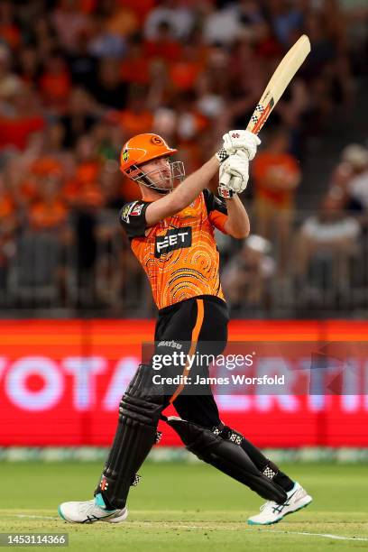 Ashton Turner of the Scorchers plays a shot towards the boundary during the Men's Big Bash League match between the Perth Scorchers and the Melbourne...