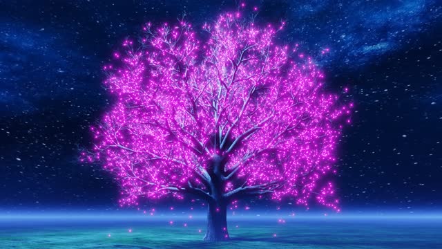 A spinning tree below the starry sky full of purple lights particles which gently fall