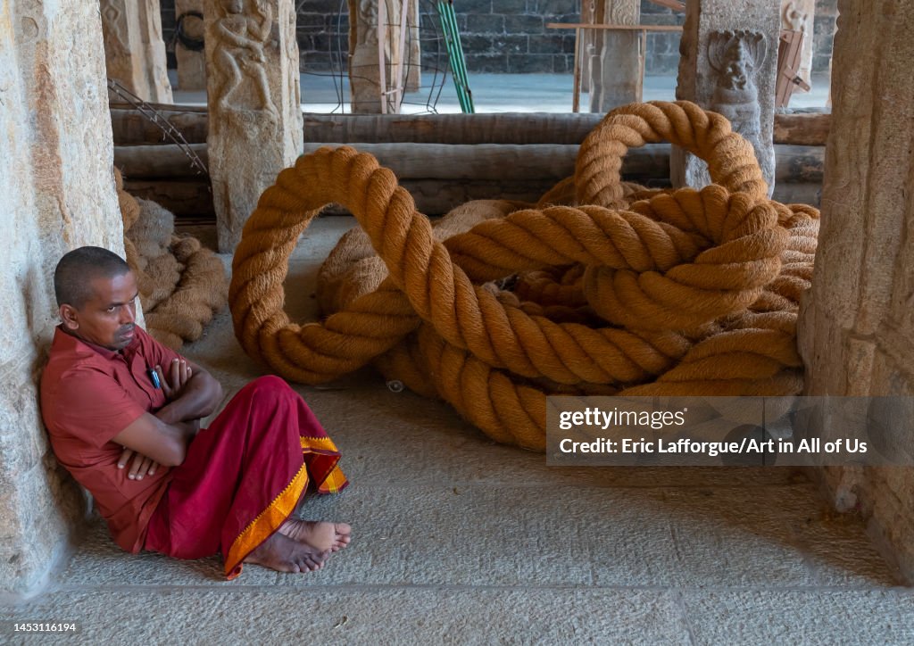 Temple Rope Indian sit near a huge rope in Sri Ranganathaswamy Temple, Tamil ...
