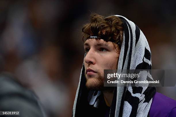 Johannes Sellin of Berlin looks dejected after the EHF Final Four semi final match between Fuechse Berlin and THW Kiel at Lanxess Arena on May 26,...