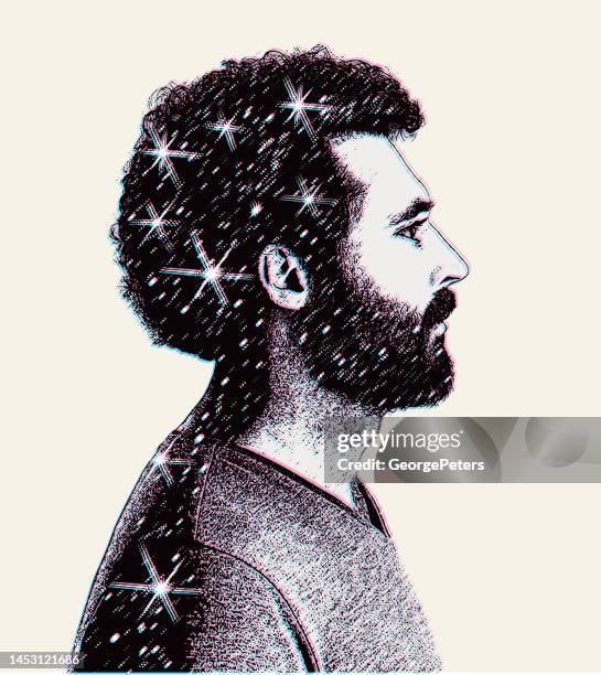 ilustrações de stock, clip art, desenhos animados e ícones de portrait of man with night sky and stars and glitch technique - apneia do sono