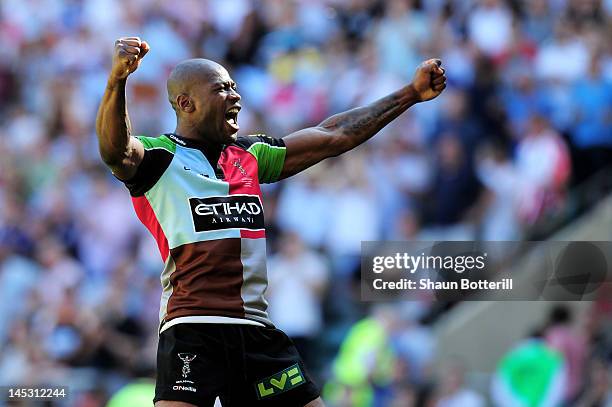 Ugo Monye of Harlequins celebrates his team's victory after the final whistle blows during the Aviva Premiership final between Harlequins and...