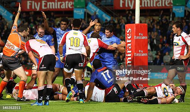 Napolioni Nalaga of the Force appeals to the referee for try during the round 14 Super Rugby match between the Western Force and the Lions at NIB...