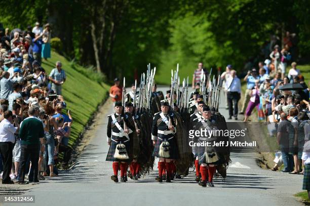 Soldiers from the Atholl Highlanders take part in the annual parade at Blair Castle on May 26, 2012 in Blair Atholl, Scotland. Formed in 1777...