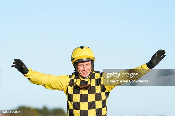 Paul Townend celebrates after riding State Man to win The Matheson Hurdle at Leopardstown Racecourse on December 29, 2022 in Dublin, Ireland