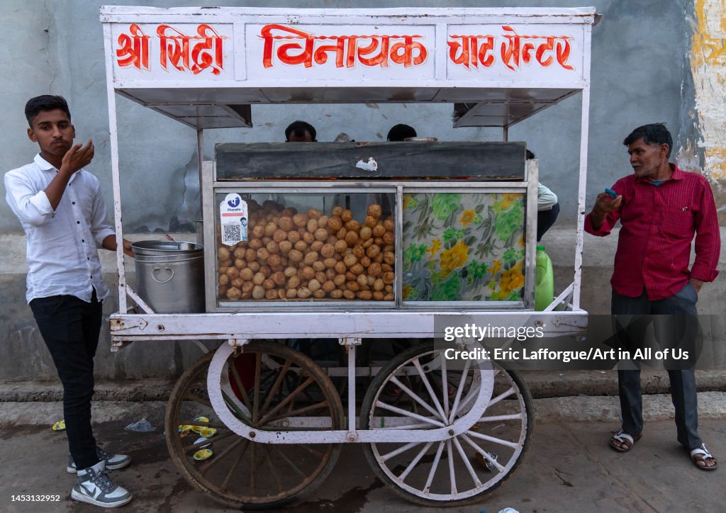 Panipuri for sale in a foodtruck, Rajasthan, Mukundgarh, India...