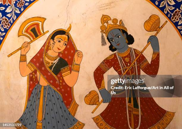 Old mural in a haveli depicting deities, Rajasthan, Nawalgarh, India on November 6, 2022 in Nawalgarh, India.