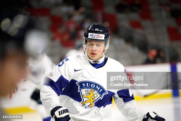 Konsta Kapanen of team Finland skates during warmup against team Latvia during the 2023 IIHF World Junior Championship game at Avenir Centre on...