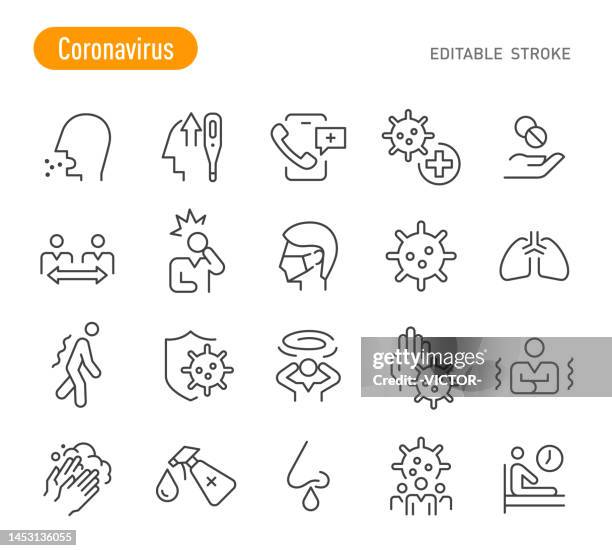 ilustrações de stock, clip art, desenhos animados e ícones de coronavirus icons - line series - editable stroke - espirrar