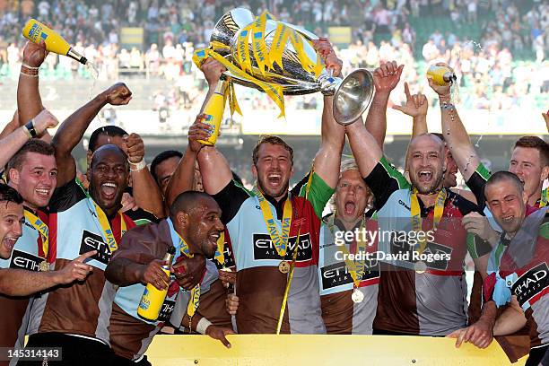 Harlequins captain Chris Robshaw and his teammates celebrate with the trophy following his team's victory during the Aviva Premiership final between...