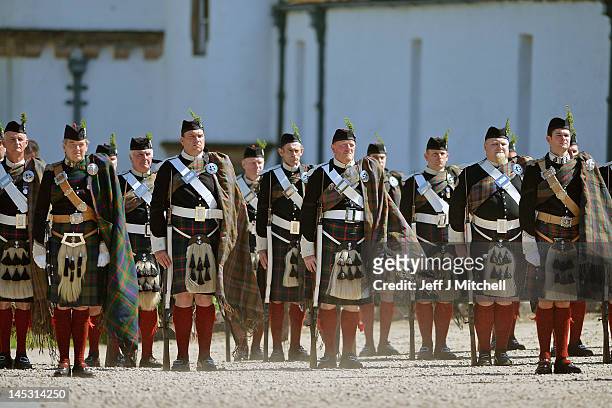 Soldiers from the Atholl Highlanders take part in the annual parade at Blair Castle on May 26, 2012 in Blair Atholl, Scotland. Formed in 1777...