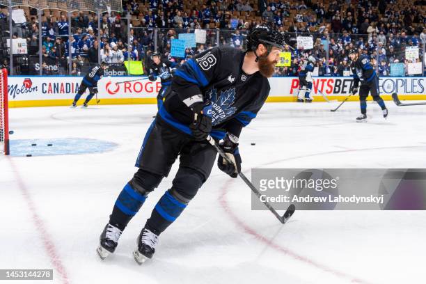 Jordie Benn of the Toronto Maple Leafs warms up before facing the Philadelphia Flyers at the Scotiabank Arena on December 22, 2022 in Toronto,...