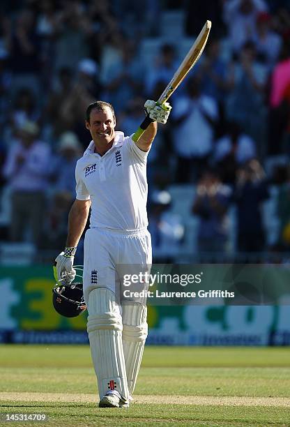 Andrew Strauss of England celebrates his century during the Second Investec Test match between England and West Indies at Trent Bridge on May 26,...