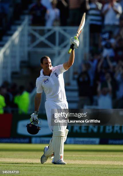 Andrew Strauss of England celebrates his century during the Second Investec Test match between England and West Indies at Trent Bridge on May 26,...