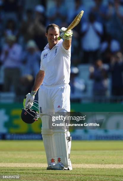 Andrew Strauss of England celebrates his century during the Second Investec Test match between England and West Indies at Trent Bridge on May 26,...