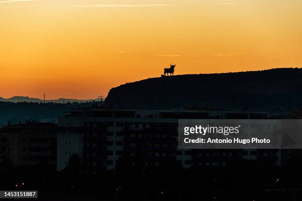 osborne bull on a mountain at sunset. yellowish sunset colors. - bull billboard spain stock pictures, royalty-free photos & images