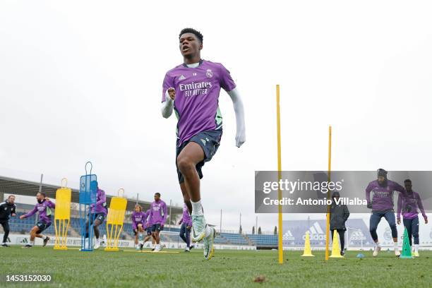 Aurelien Tchouameni of Real Madrid in action during a training session at Valdebebas training ground on December 29, 2022 in Madrid, Spain.