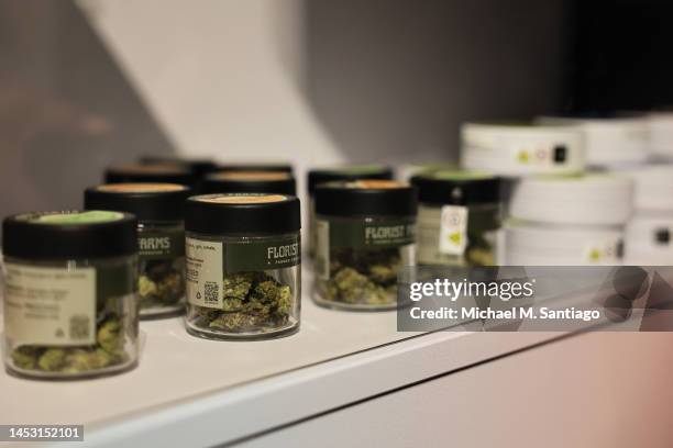 Marijuana products are seen on a shelf at Housing Works Cannabis Co on December 29, 2022 in New York City. New York officials and Housing Works...