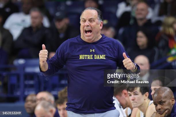 Head coach Mike Brey of the Notre Dame Fighting Irish reacts against the Jacksonville Dolphins at Purcell Pavilion at the Joyce Center on December...