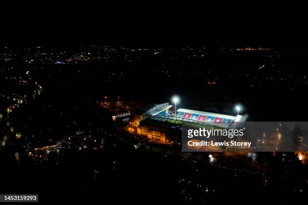 An aerial view of Ewood Park is seen ahead of the Sky Bet Championship between Blackburn Rovers and Middlesbrough on December 29, 2022 in Blackburn,...
