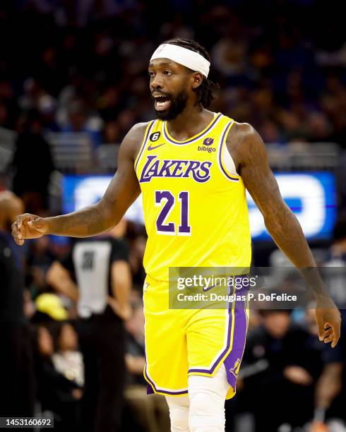 Patrick Beverley of the Los Angeles Lakers reacts against the Orlando Magic during the second quarter at Amway Center on December 27, 2022 in...