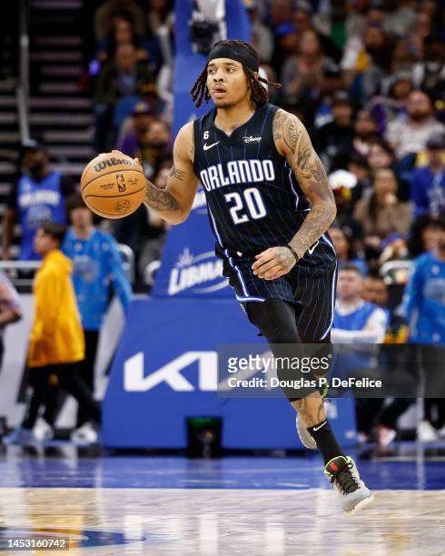Markelle Fultz of the Orlando Magic dribbles the ball against the Los Angeles Lakers during the second quarter at Amway Center on December 27, 2022...